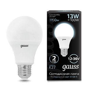 Лампа Gauss A60 AC12-36V 13W 1150lm 4100K E27 LED 1/10/100