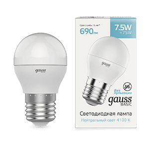 Лампа Gauss Basic Шар 7,5W 690lm 4100K E27 LED 1/10/100