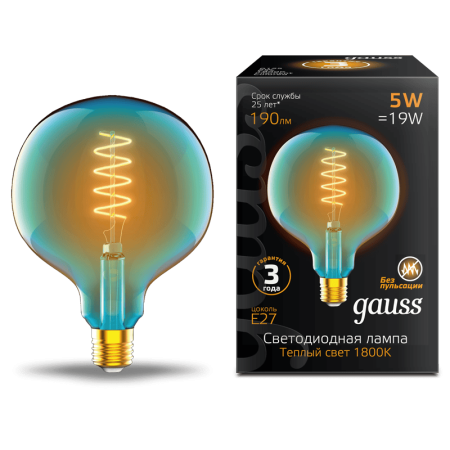 Лампа Gauss Filament G125 5W 190lm 1800К Е27 sky blue flexible LED 1/10