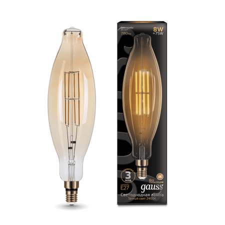 Лампа Gauss Filament BT120 6W 780lm 2400К Е27 golden straight LED 1/10
