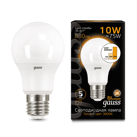 Лампа Gauss A60 10W 880lm 3000K E27 шаг. диммирование LED 1/10/50