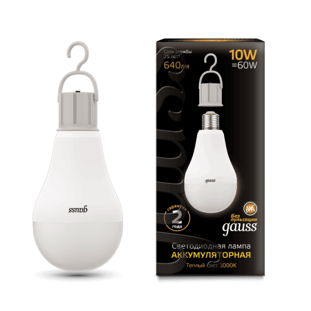 Лампа Gauss A60 10W 640lm 3000K E27 с Li-Ion аккумулятором LED 1/10/60