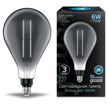 Лампа Gauss Filament PS160 6W 330lm 4000К Е27 gray straight LED 1/6